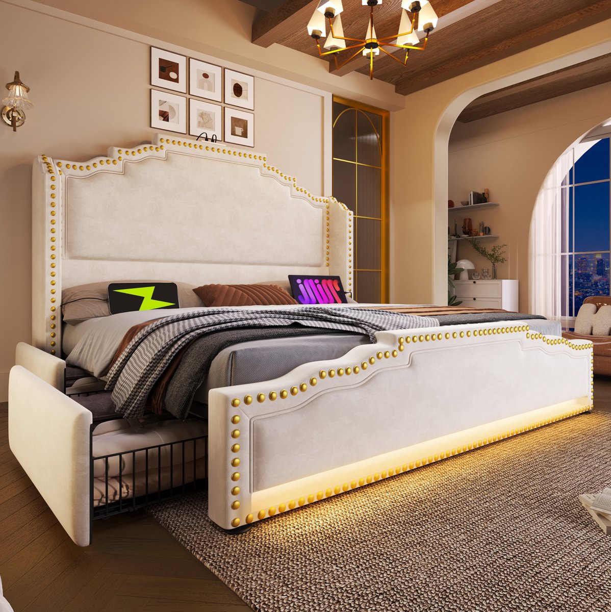 Polsterbed Tweepersoons 180 x 200 cm Met Lades En Opbergruimte Led Verlichting Usb C Lattenbodem Voor Volwassenen Velvet Beige Zonder Matras
