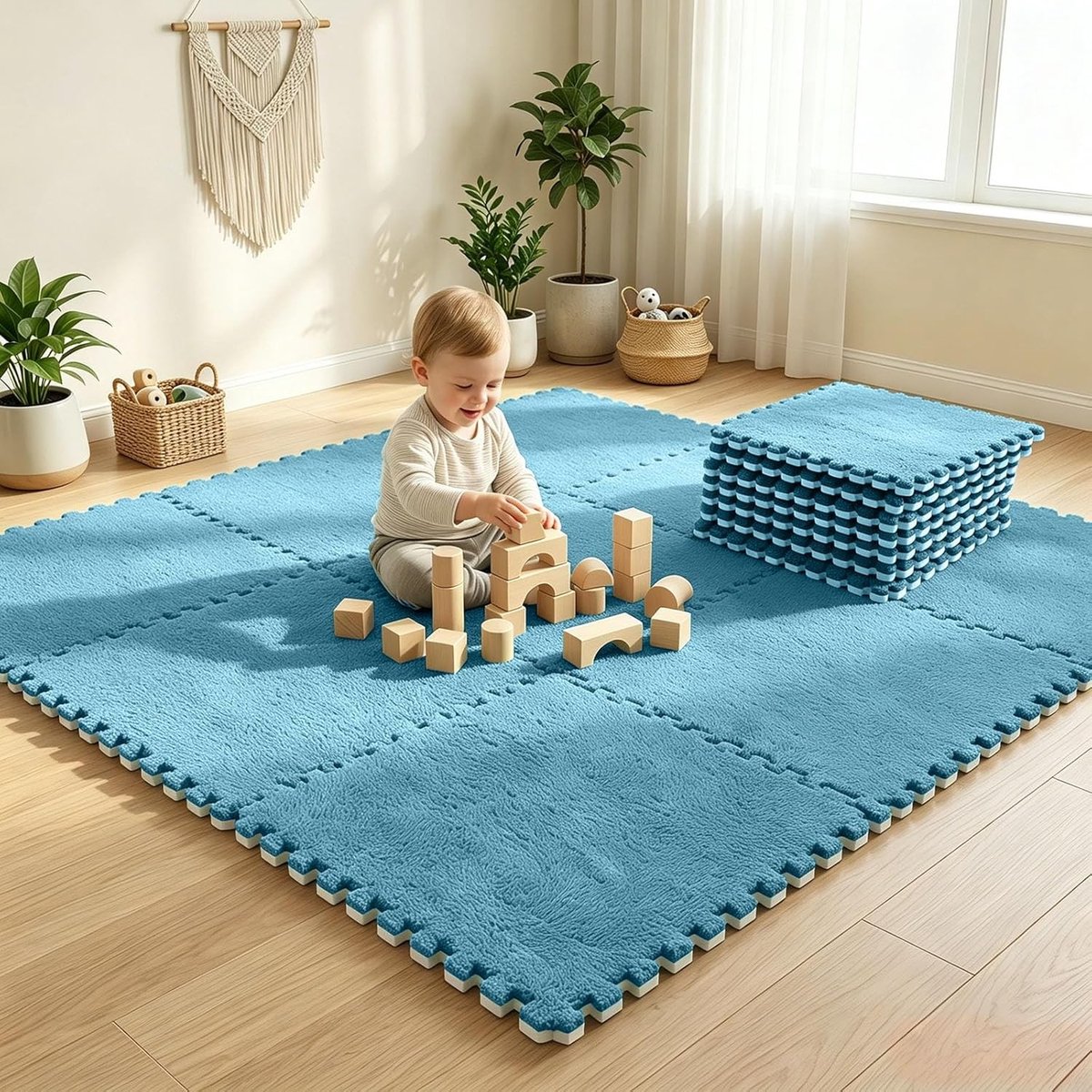 Set van 12 Interlockende Pluche Puzzelvloermatten, 30 x 30 cm, Schuim Puzzelmatten voor Baby, Speelkleed en Woonkamer Tapijt Tegels