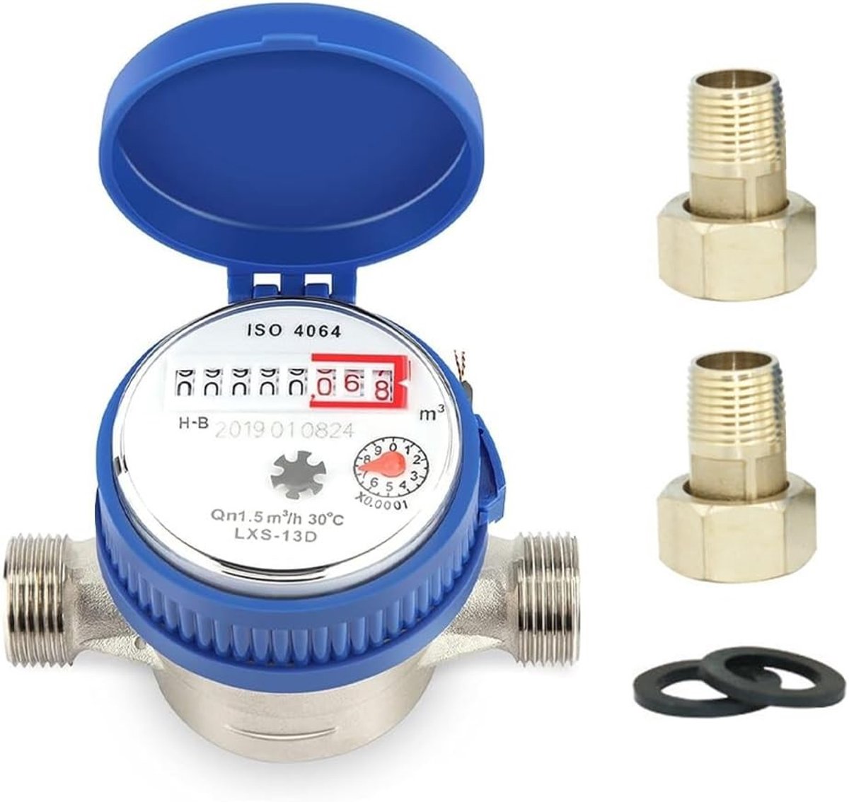 Koud Watermeter 1/2 Inch Geijkt met Hand- en Digitale Weergave, 15mm Kraanmeter voor Huishoudelijk Gebruik, Tot 40°C en 1.5 m³/h, Inclusief Bevestigingsaccessoires en Beschermkap