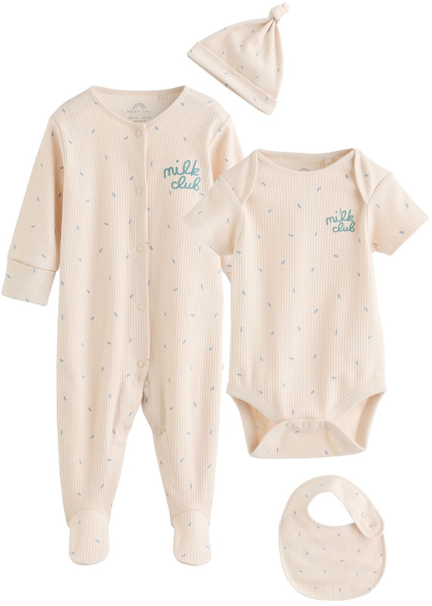 Next - Jongens - 4-delige babyset van pyjama, romper, beanie en slabbetje - Crème