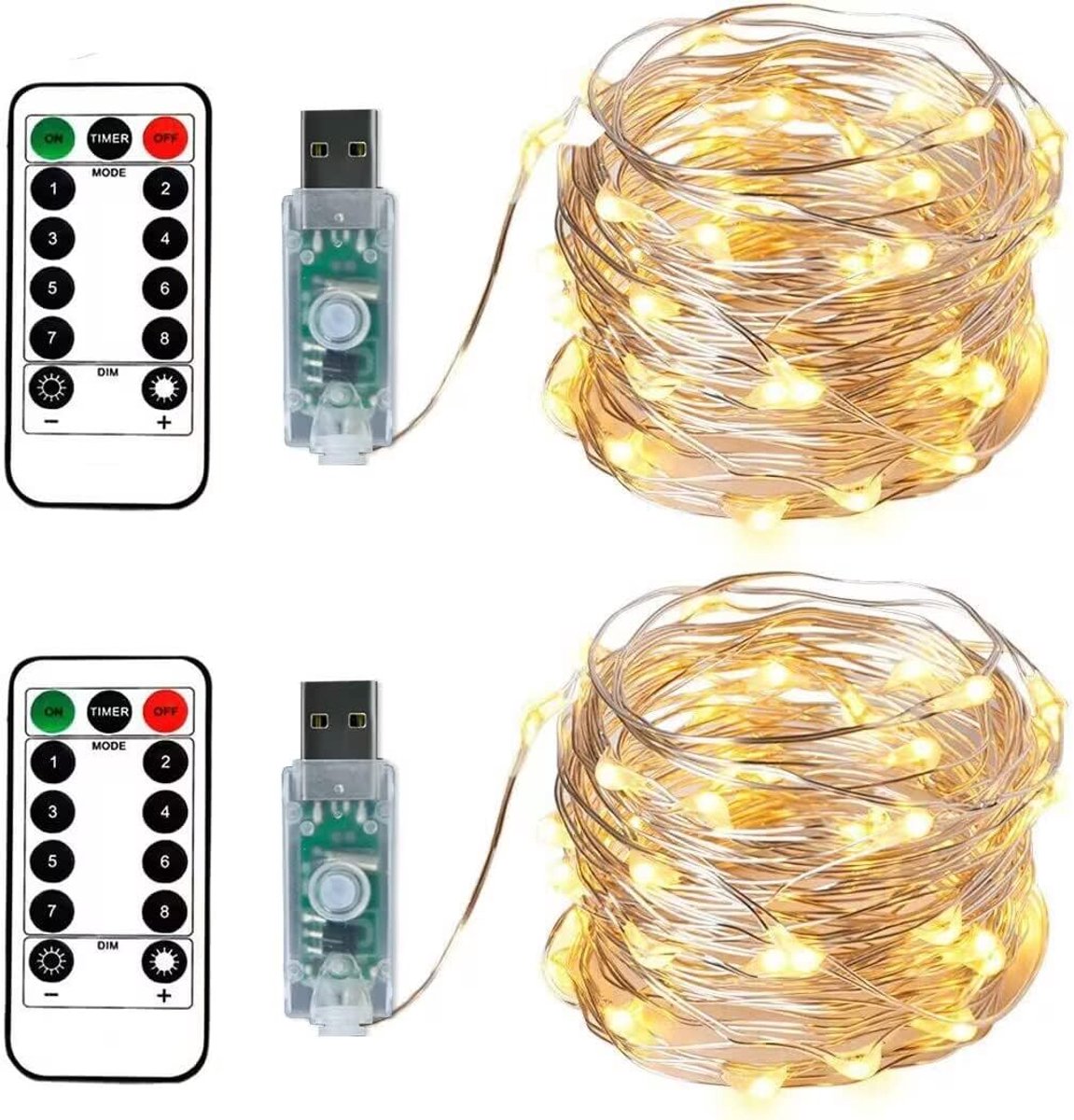 SnelShoppen - 2 x USB Lichtketting 10 m 100 LED Warmwit met Timer en Afstandsbediening | 8 Lichtmodi, Dimbaar, Ideaal voor Slaapkamer, Raam, Bruiloft,