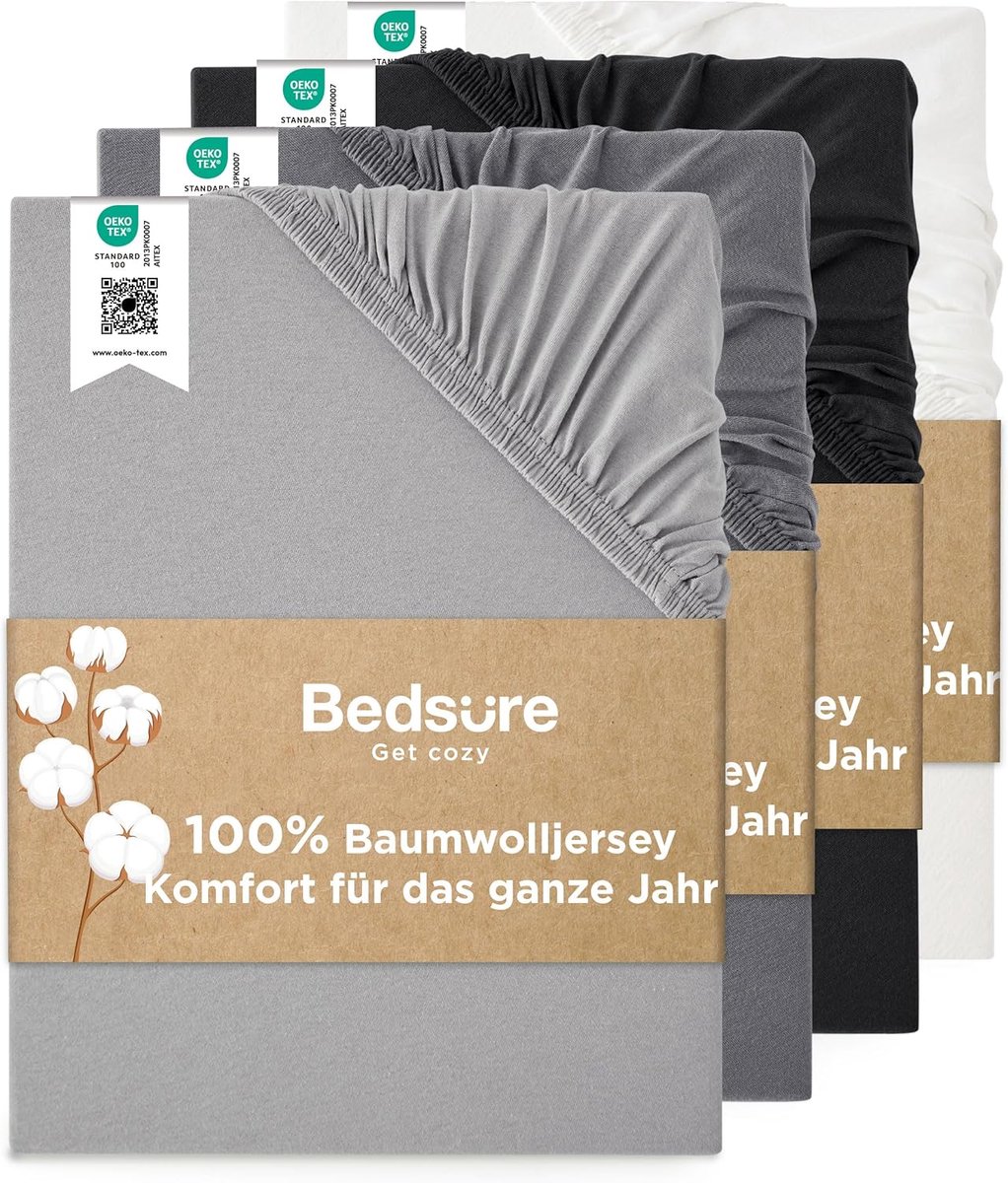 SnelShoppen - Hoeslaken 180x200cm Katoen Jersey Lichtgrijs - Tot 40cm, Ademend en Zacht, Geschikt voor Boxspringbed, Waterbed en Extra Hoge Matrassen,