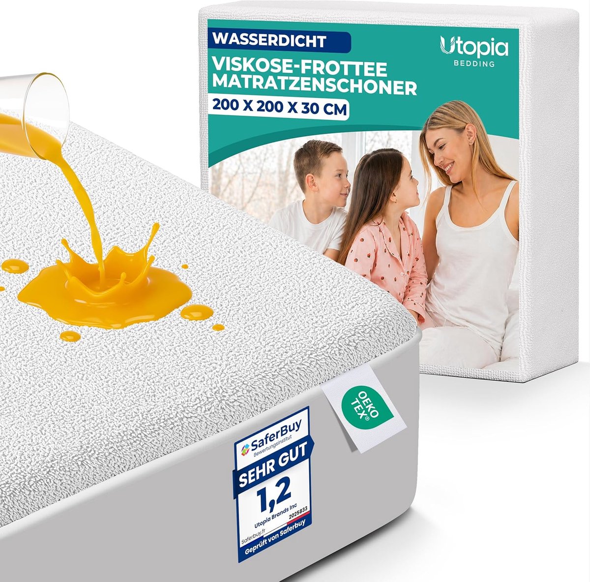 SnelShoppen - Utopia Matrasbeschermer 200 x 200 x 30 cm Waterdicht Viscose Öko-Tex Gecertificeerd Ademend Hoeslaken Matrashoes Elastiek Rondom Geschik