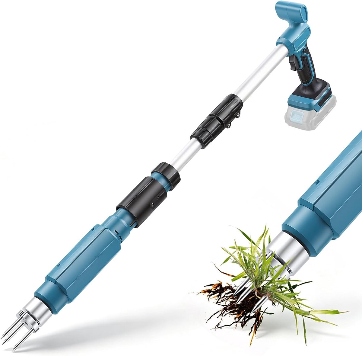SnelShoppen - Elektrische onkruidsteker 18 V, telescopische paardenbloemsteker 76-96 cm met 3 kappen, onkruidverwijderaar voor gazon, tuingereedschap