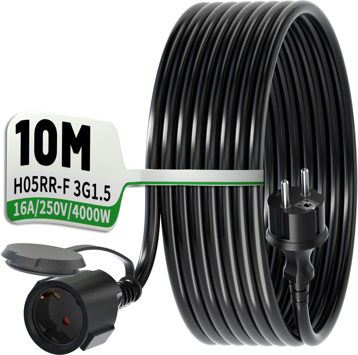 SnelShoppen - Verlengkabel voor Buiten 10 m Zwart - Zware Outdoor H05RR-F 3G1,5 Rubber Kabel - Flexibele Stroomkabel 16 A/250 V met Opbergband - Ideaa