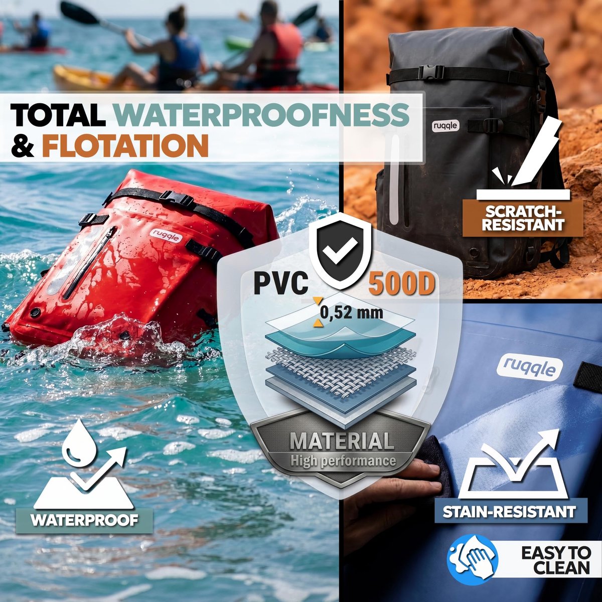 SnelShoppen - Veelzijdige Waterdichte Tas 20/30/45L, Dry Bag met 3 Buitenvakken, Waterdichte Rugzak voor Strand, Boot, Kano, Kajak, Paddle, Motor, Wan
