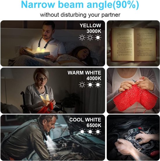 Leeslamp Nek - Halslamp Flexibel - Handsfree Lezen - 3 Kleuren 3 Helderheid - Oplaadbaar - Zwart — afbeelding 5