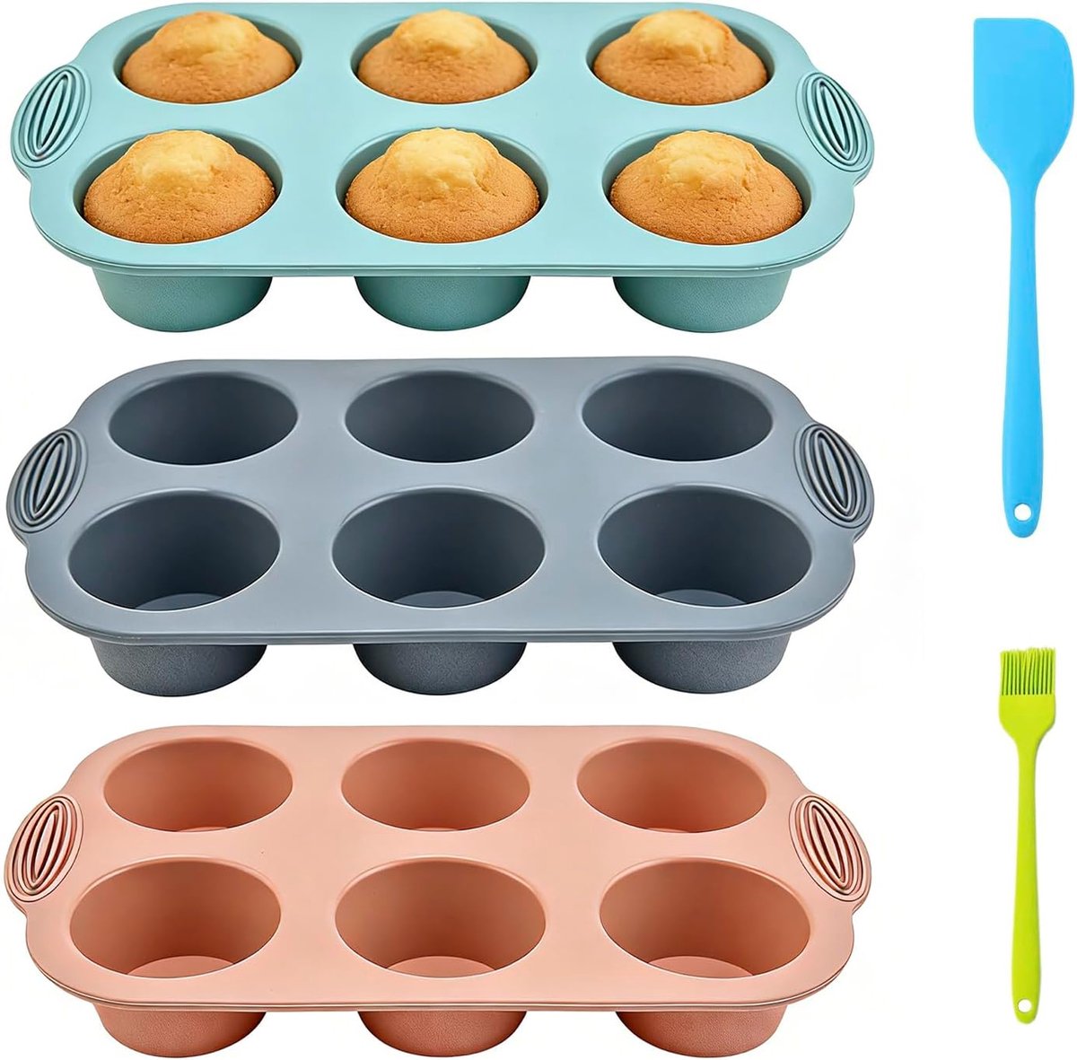 SnelShoppen - Muffin Backform Silikon, 3 Stuks Muffinblech 6er met Backpinsel en Schaber | Grote Silikon Muffinform voor Cupcakes, Brownies, Kuchen en
