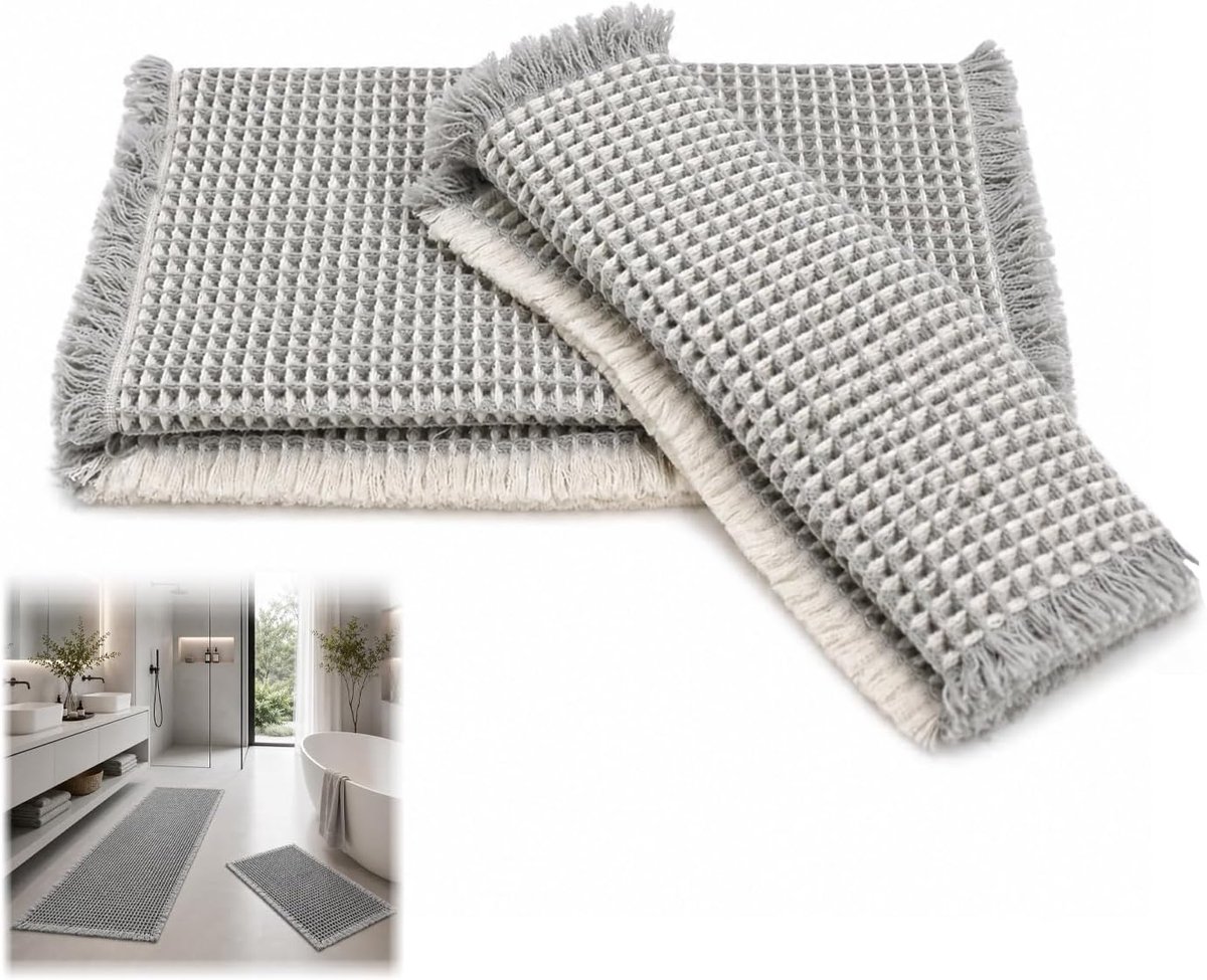 SnelShoppen - 2-delige badmatset boho-stijl - antislip en absorberende wafelbadmat - sneldrogend en wasbaar - moderne badmat bruin voor badkamer, toil
