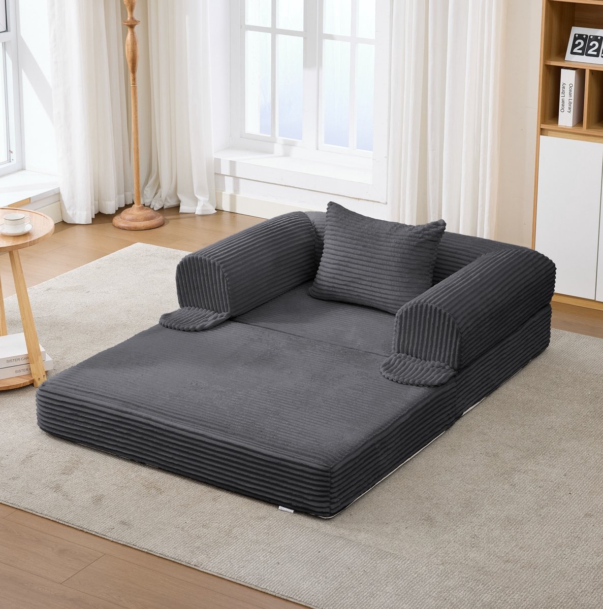 OKWISH Slaapbank 120 x 85 x 65 cm - 1-Zits Uitschuifbare Bedbank Met Kussen - Ruimtebesparend Voor Woonkamer Of Slaapkamer - Corduroy - Grijs