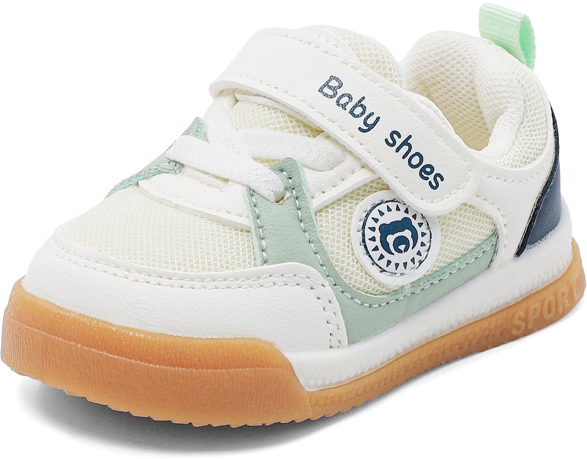 SnelShoppen - Loopschoenen voor jongens en meisjes, antislip en zacht rubber, maat 21 EU, wit groen, perfect voor buiten, school en sport
