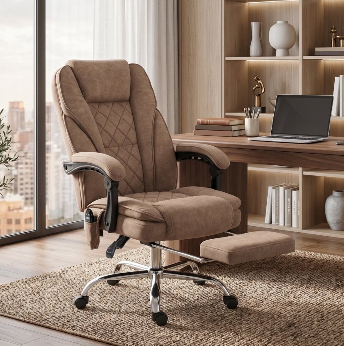 HAUSS SPOLE Bureaustoel – Ergonomisch Design – Met 6-Punts Massage, Lendenverwarming En Uitschuifbare Voetsteun – Voor Thuiswerkplek – Bruin