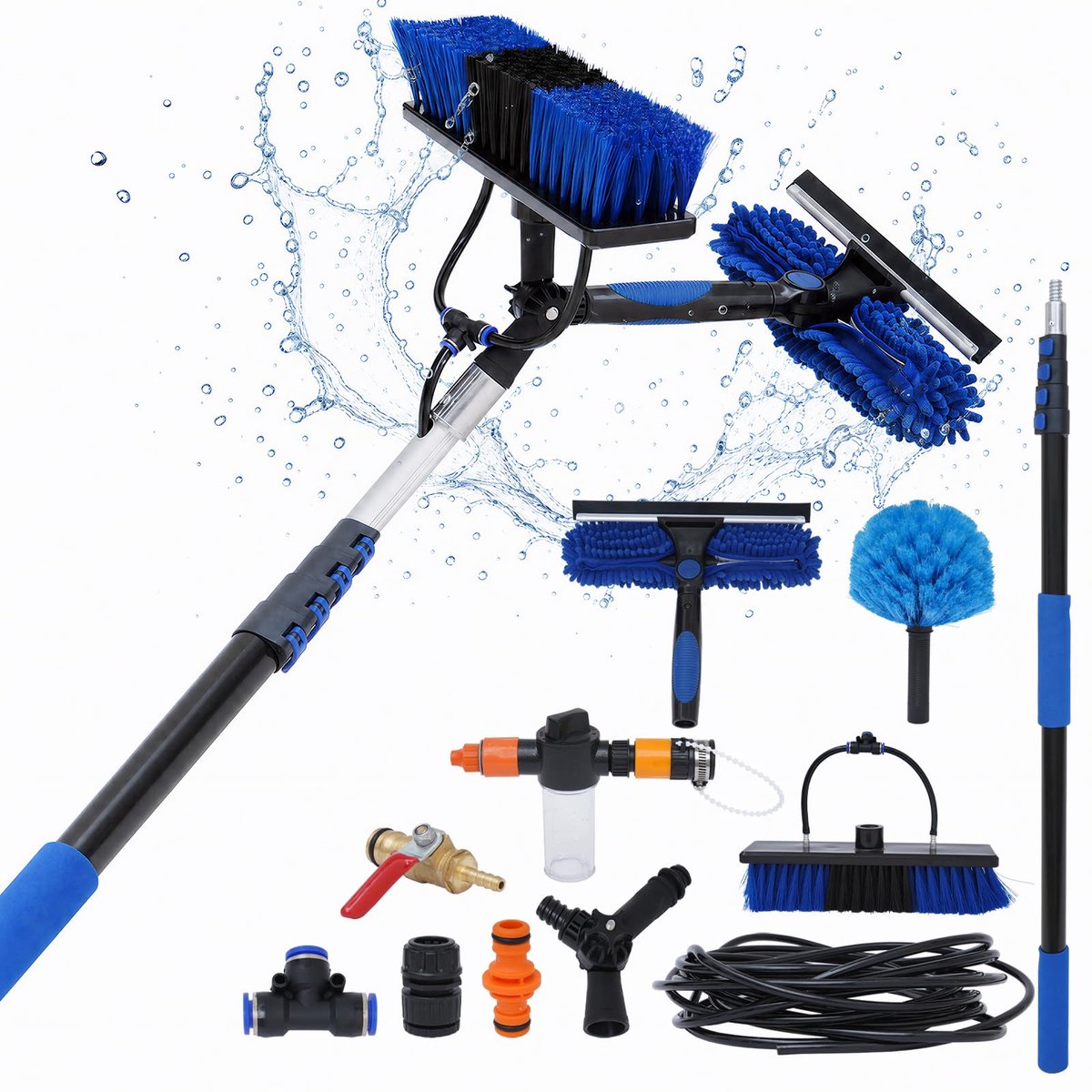 SnelShoppen - Telescopische raamreiniger watergevoed 16FT met lichtgewicht aluminium stang, spinnenwebstofdoek, waterborstel en rakel voor zonnepanele