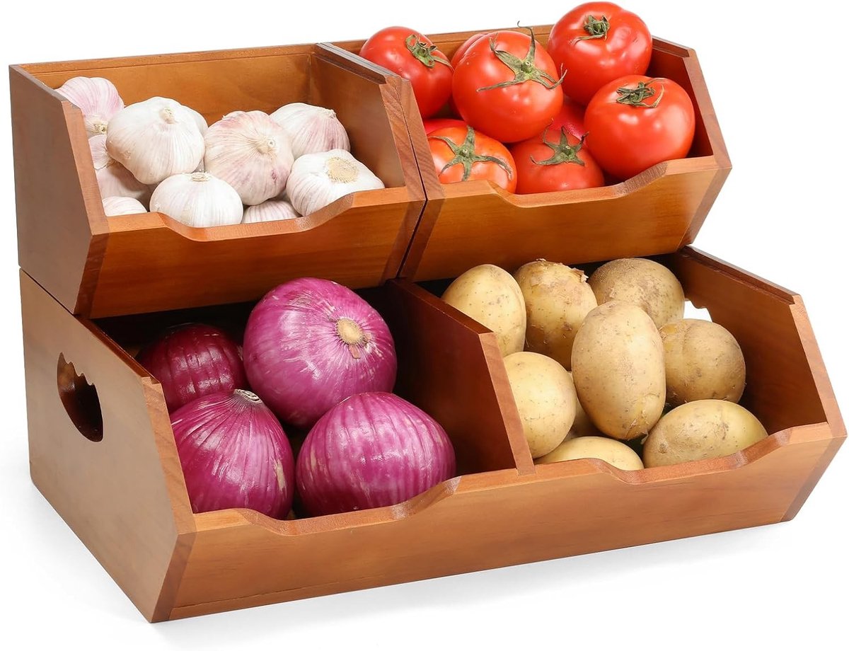 Set van 3 Stapelbare Opbergdozen met 2 Lagen voor Aardappelen, Uien en Groenten – Houten Organiser voor Keuken en Lunchbox