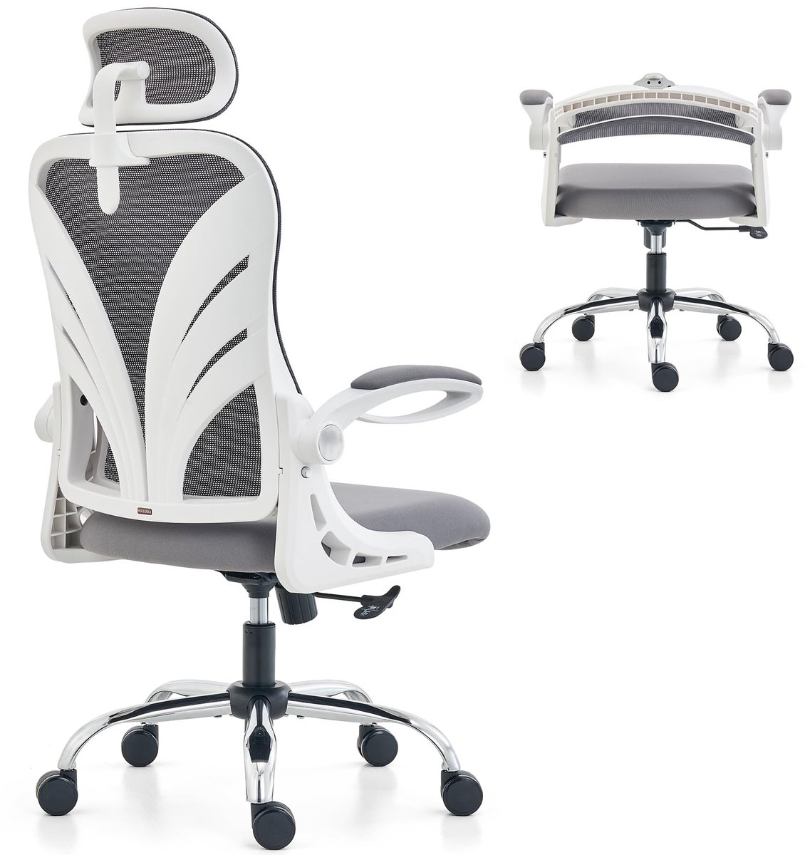 SnelShoppen - Ergonomische Bureaustoel met Opklapbare Rugleuning, Computer Bureaustoel met Opklapbare Armleuningen, Mesh Lendensteun en 2D Hoofdsteun,