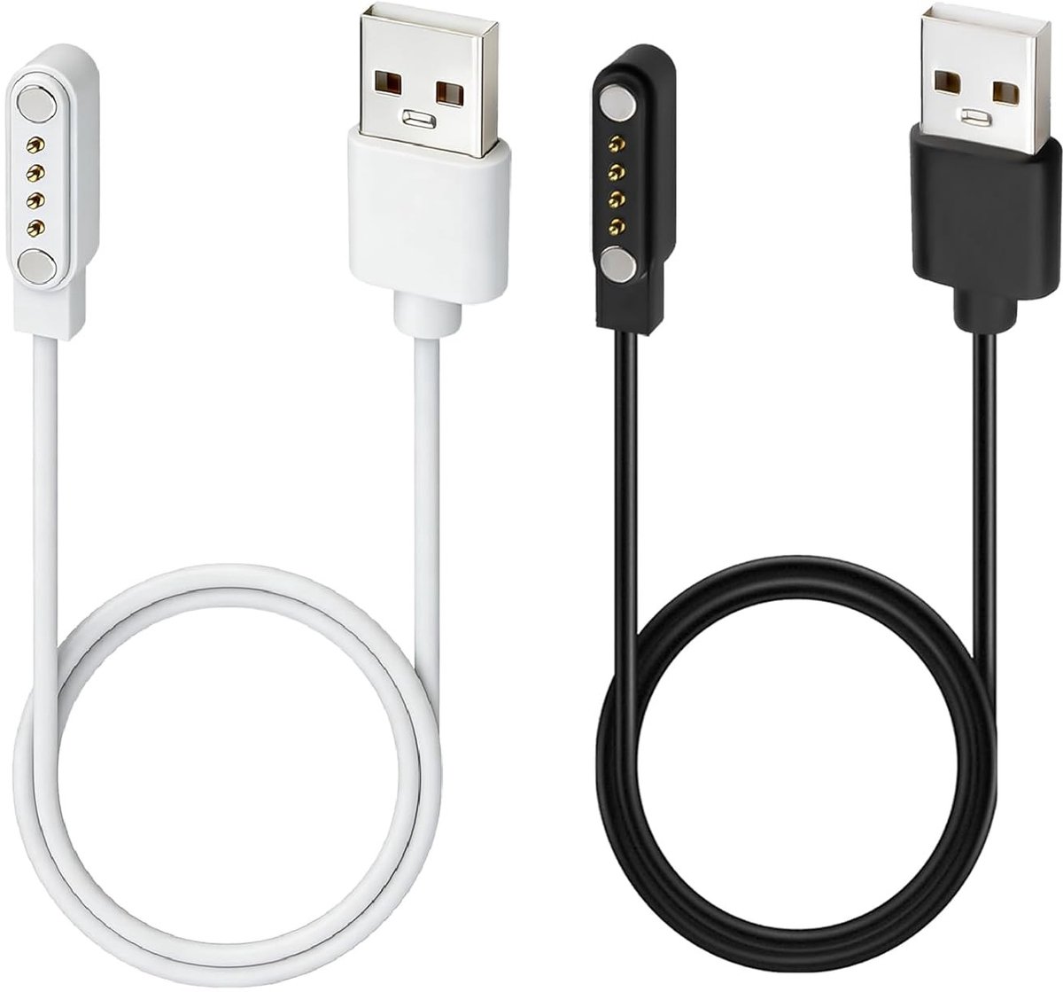 Set van 2 Magnetische Opladers, 4-Pin, 7.5 mm, Universele Oplaadkabel voor Smartwatches, Veilig Opladen, Snelladen, Compatibel met Diverse Smartwatches, Zwart en Wit
