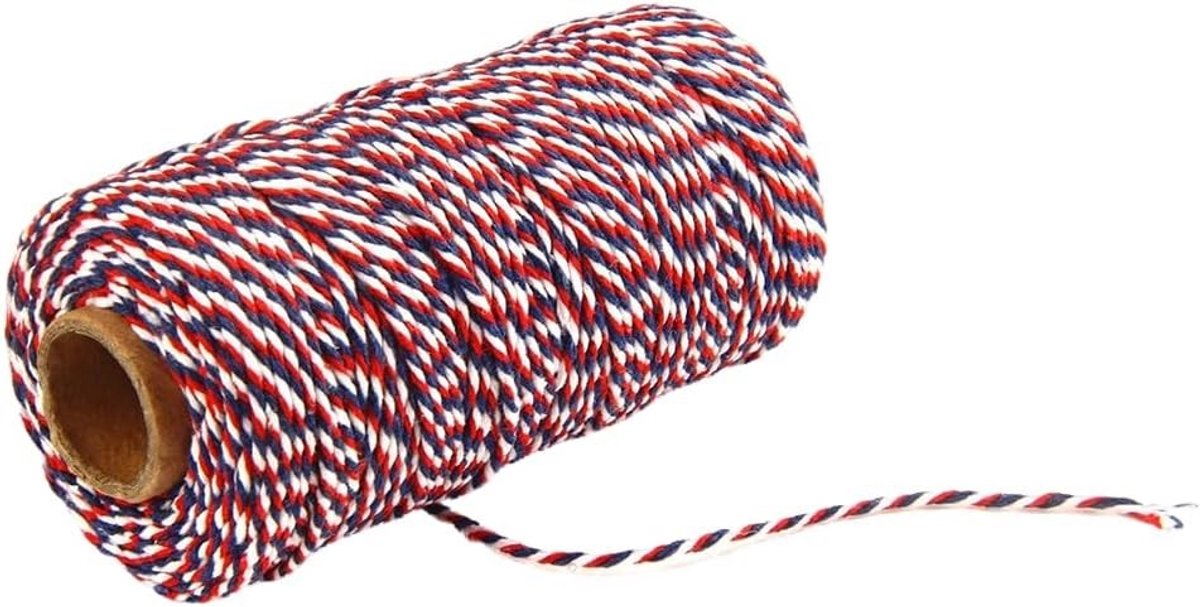 Katoenen Touw van 100 m / 2 mm voor Creatieve Projecten, Cadeauverpakking, Tuinieren en Handwerken in Rood, Blauw en Wit