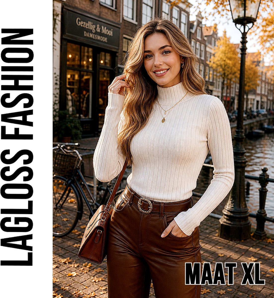 LaGloss® Dames Trui Top Hoge Hals – Creme - Elegante Aansluitende Trui met Lange Mouwen – Effen Stretch Top voor Herfst en Winter - Maat XL