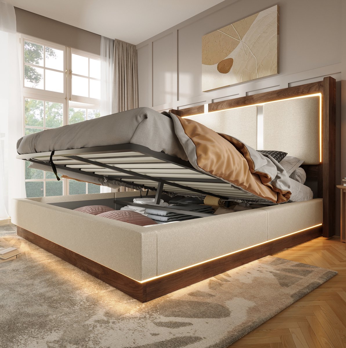 DESMIU Gestoffeerd Bed 180x200 cm – Tweepersoonsbed Met LED – Hydraulisch Opbergbed Met Lattenbodem – Voor Slaapkamer – Zonder matras – Beige en Walnoot