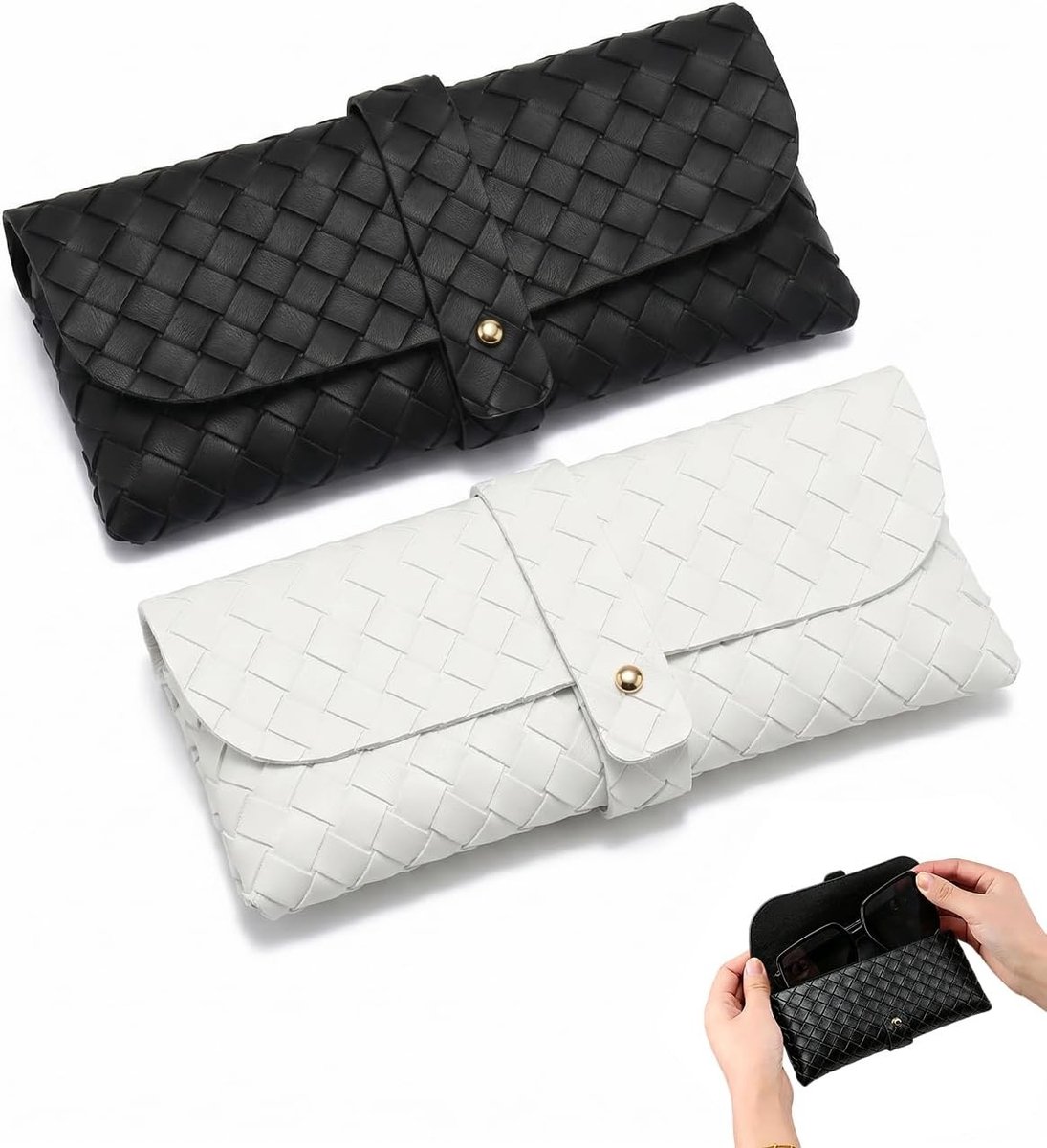 Brillenkoker set van 2, gevlochten PU etui voor zonnebrillen en leesbrillen, zacht en duurzaam, 16,5 x 8 cm, ideaal voor dames, heren en kinderen