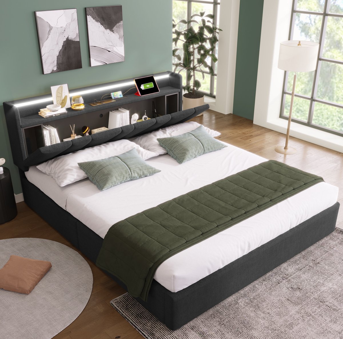 COVREO Bed 140x200 cm grijs, stof met opbergruimte, LED en USB