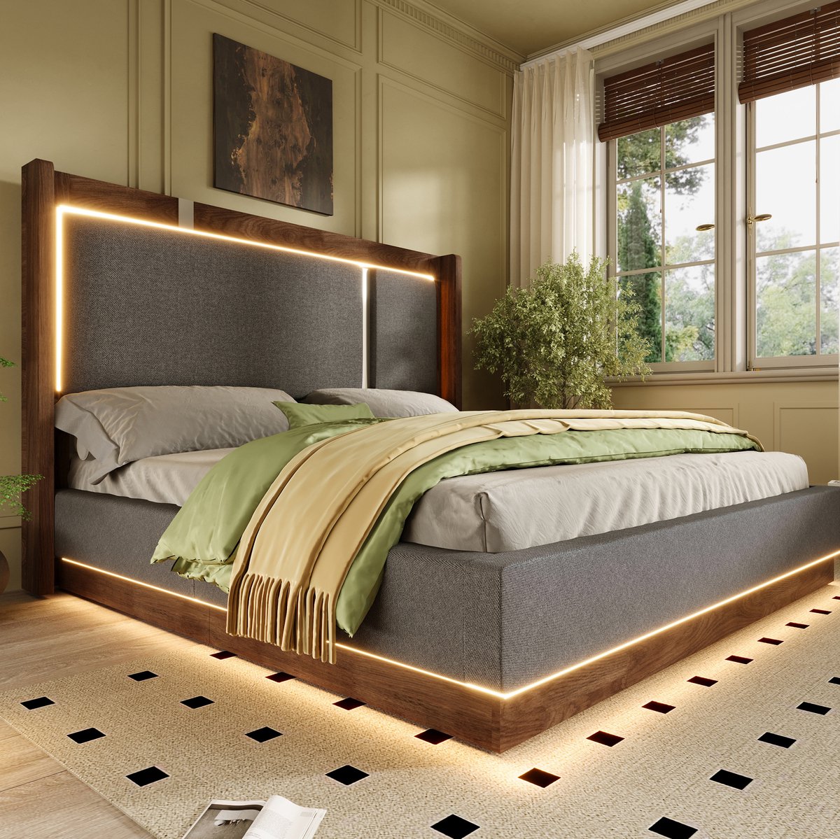 DESMIU Gestoffeerd Bed 160x200 cm – Tweepersoonsbed Met Ledverlichting – Hydraulische Opbergruimte – Retro Linnen – Grijs Walnoot – Zonder Matras