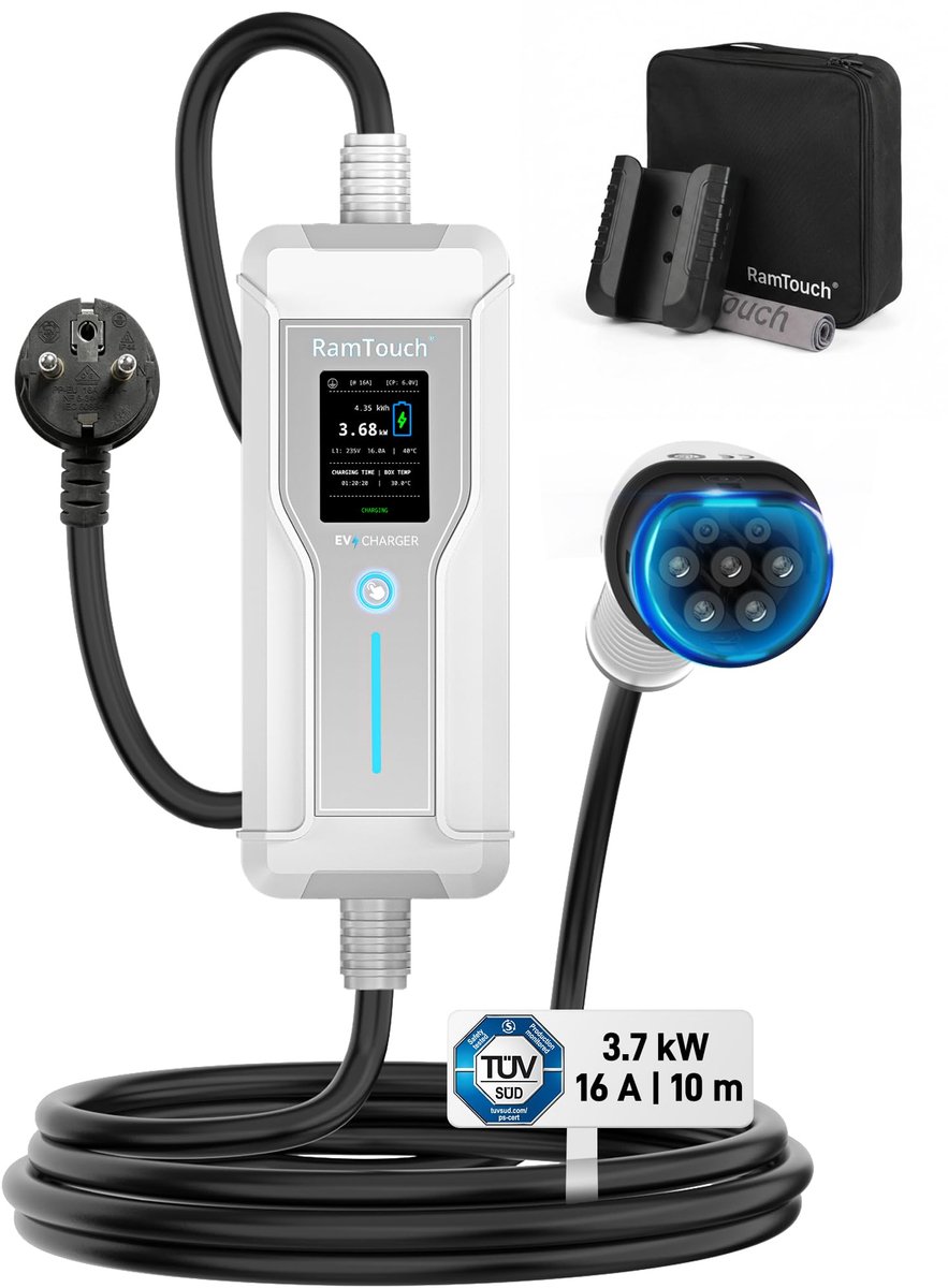 SnelShoppen - RamTouch Type 2 Laadkabel Schuko 3,7 kW 6–16 A 10 m 1-fase IP67 Thuislader met Display Timer Uitgestelde Start RCD AC/DC Mobiele Laadpaa