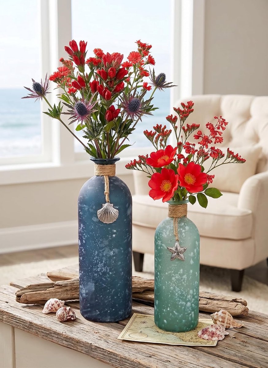 SnelShoppen - Maritieme decoratie set van 2 vazen, 26 en 20 cm hoog, keramiek, blauw en wit, trendy interieuraccessoires voor huis, tuin, strand en fe