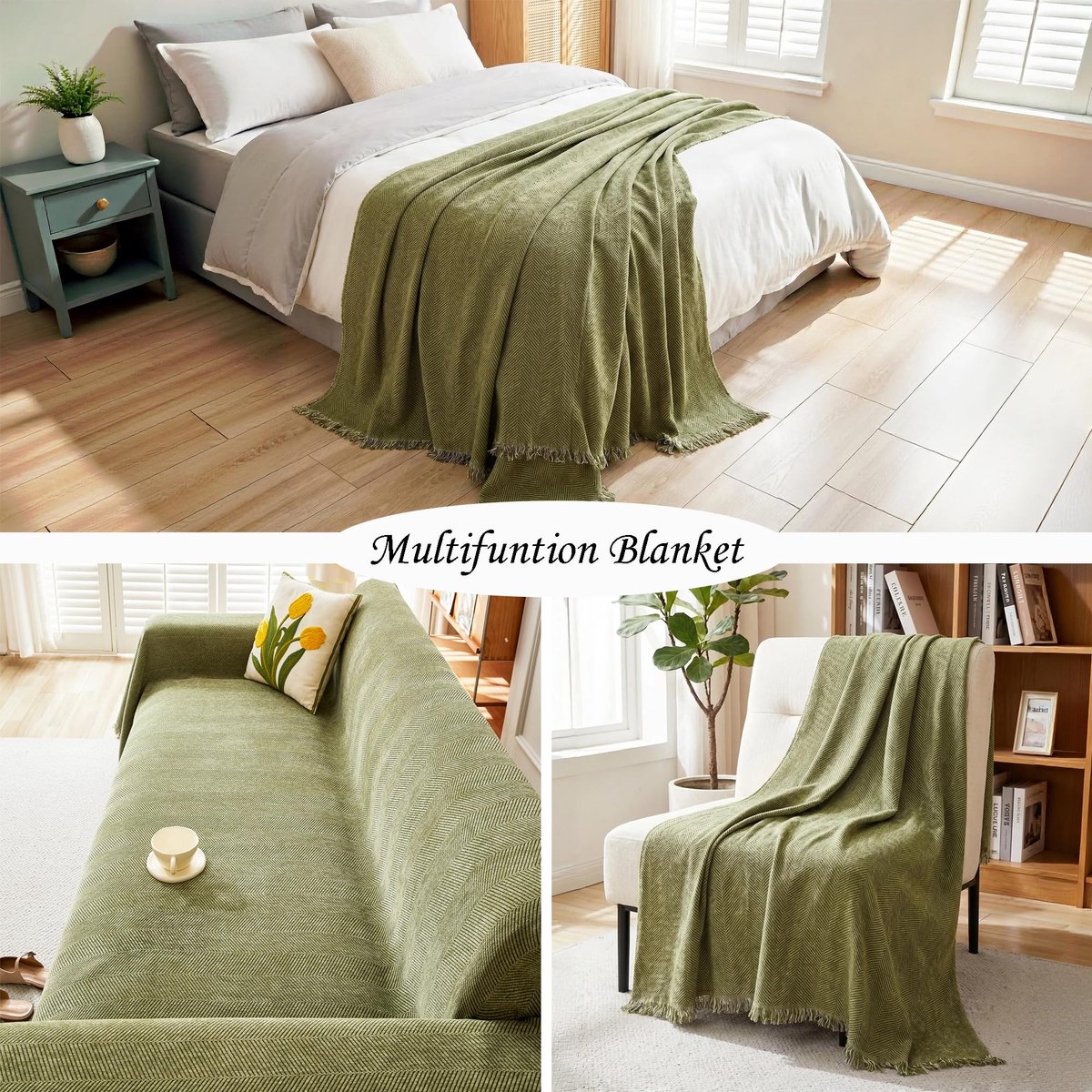 SnelShoppen - 100% Chenille Natuurlijke Bank Deken - Extra Grote Plaid voor 2-, 3- en 4-zitsbanken - Luxe Zachte Olijfgroene Deken 180 x 300 cm voor S