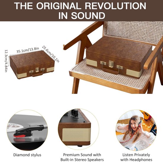 Platenspeler met Bluetooth - 3 Snelheden - Ingebouwde Speakers - Draagbare Koffer - Amandelkleurig — afbeelding 4