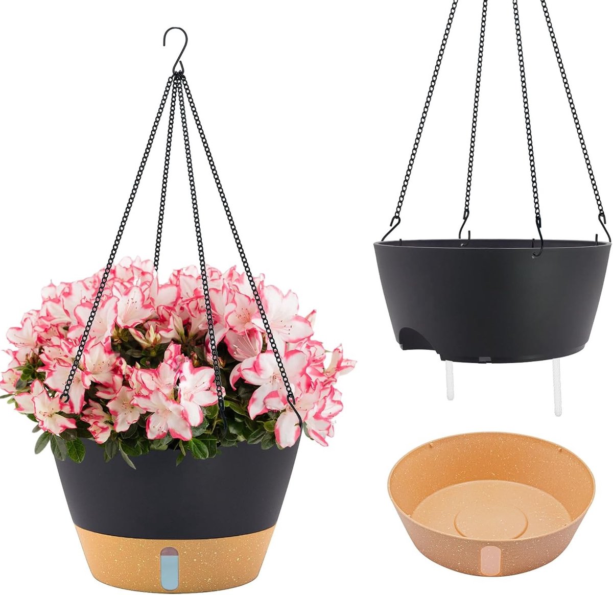 Set van 2 Zelfbewaterende Hangende Plantenpotten van 30 cm met Schotel, Waterpeilvenster en Afvoergaatjes voor Binnen- en Buitenplanten, Donkergrijs