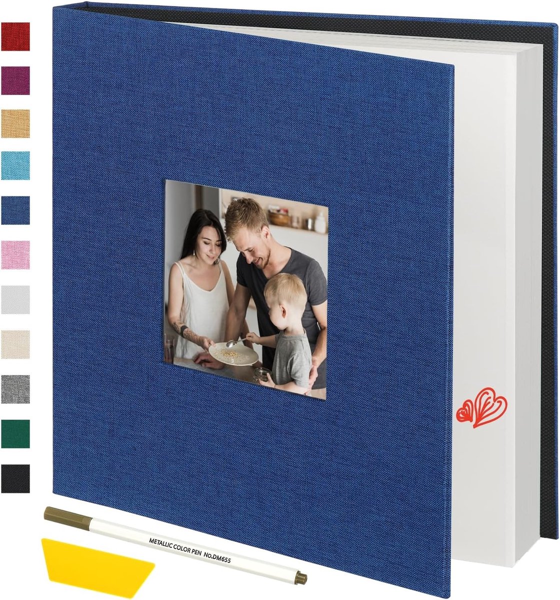 Groot Fotoalbum met Zelfklevende Pagina's voor 4x6, 5x7 en 8x10 Foto's, 60 Bladzijden, Linnen Kaft, Creatief Scrapbook en DIY Boek met Pen en Schraper (Blauw)