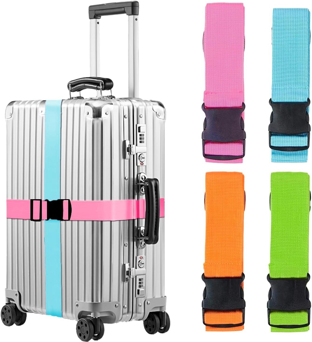 Set van 4 Koffers met Versterkte Reisriemen, Verstelbare Bagageband voor Veilig Reizen in Kleurrijke Kleuren