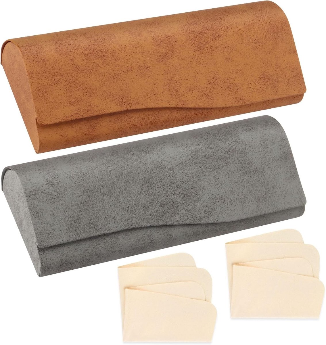 Set van 2 stevige brillenkoffers van PU-leer, draagbaar en retro, inclusief schoonmaakdoekje en magneetsluiting voor heren en dames, geschikt voor de meeste brillen