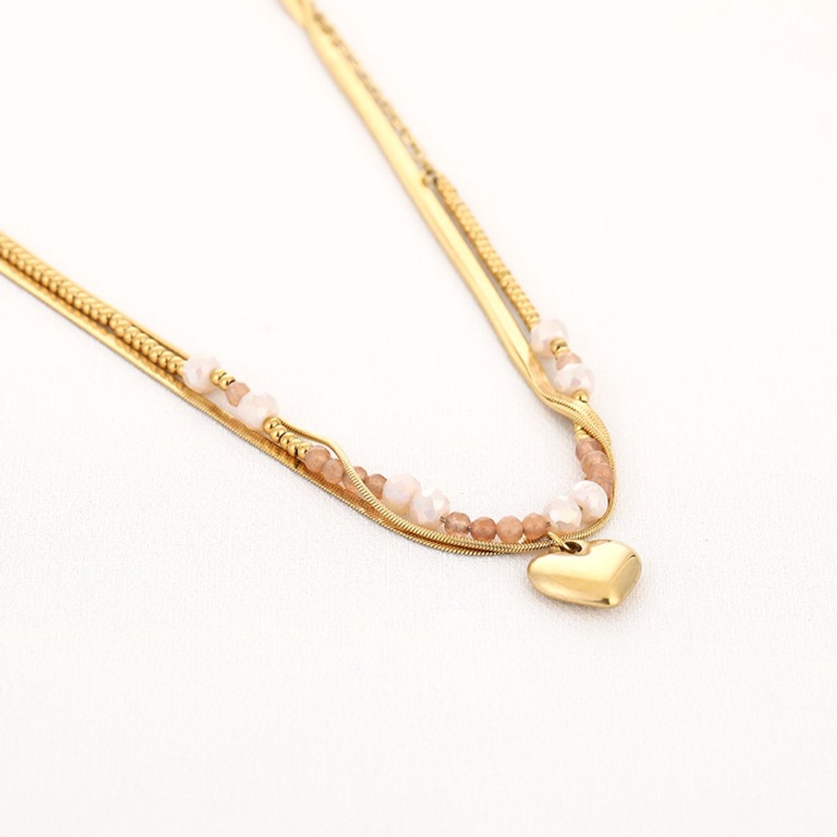 Dubbele Ketting Dames met Hartje & Kralen - Roestvrij Staal (RVS) - Layered Ketting 2-in-1 met Hart Hanger - Slangenketting met Fine Beads 40+5 cm - Sieraden Cadeau Vrouw - Bruin
