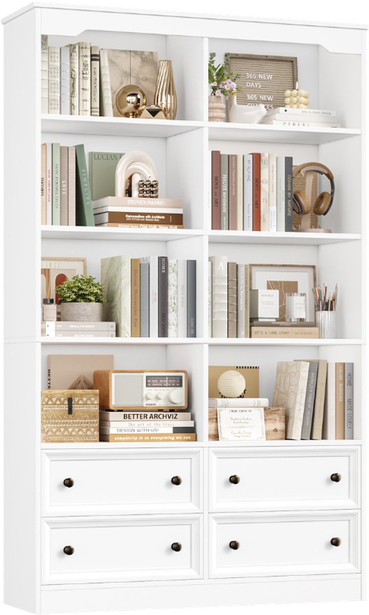 Getone 6-laags Boekenkast – Voor Woonkamer of Kantoor – Met Laden & Open Vakken – Wit Houten Rek 180x100x30cm
