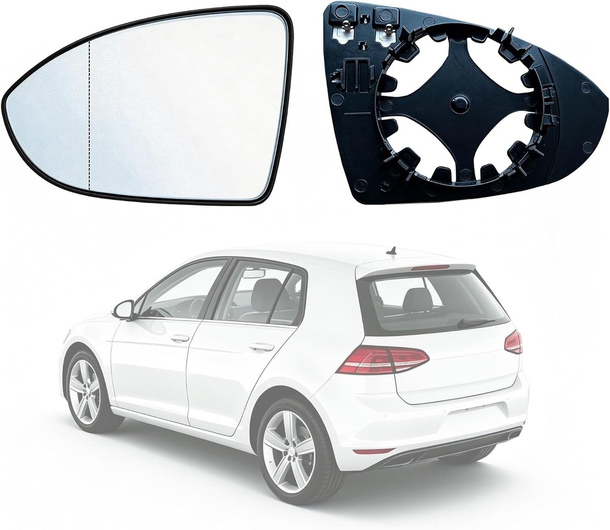 Verwarmbaar asferisch spiegelglas voor Golf 7, links, bestuurderszijde met dragerplaat en optimale zichtbaarheid