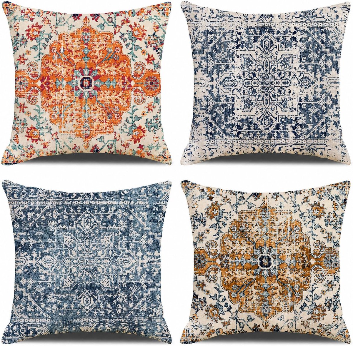 SnelShoppen - 4er Set Buiten Kussenhoezen 45 x 45 cm van Linnen, Vintage Tapijtpatroon Decoratieve Kussens in Blauw en Oranje voor Tuin, Balkon, Terra