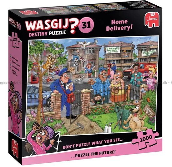 Boîte du puzzle Wasgij Destiny 31 Home Delivery de 1000 pièces. Illustration d'une rue avec des livreurs, des habitants et des animaux.