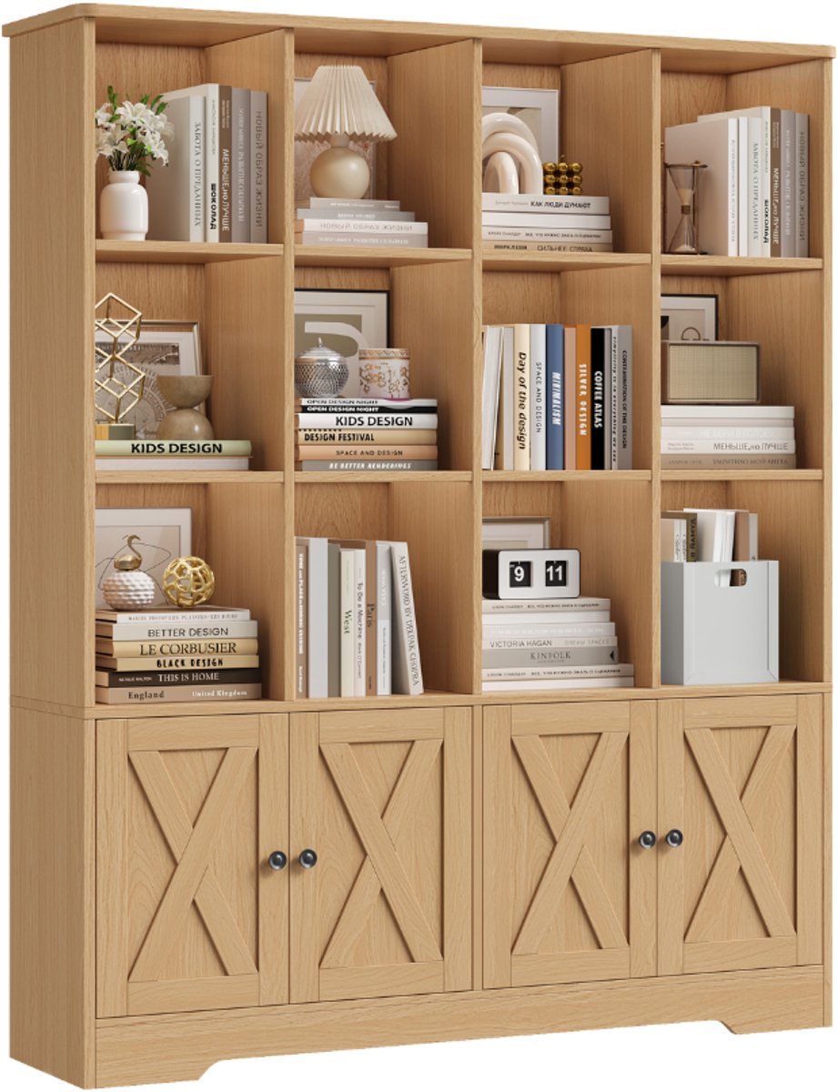 Boekenkast – Voor Woonkamer – Vrijstaand met 12 Open Vakken en 4 Deuren – Houtlook