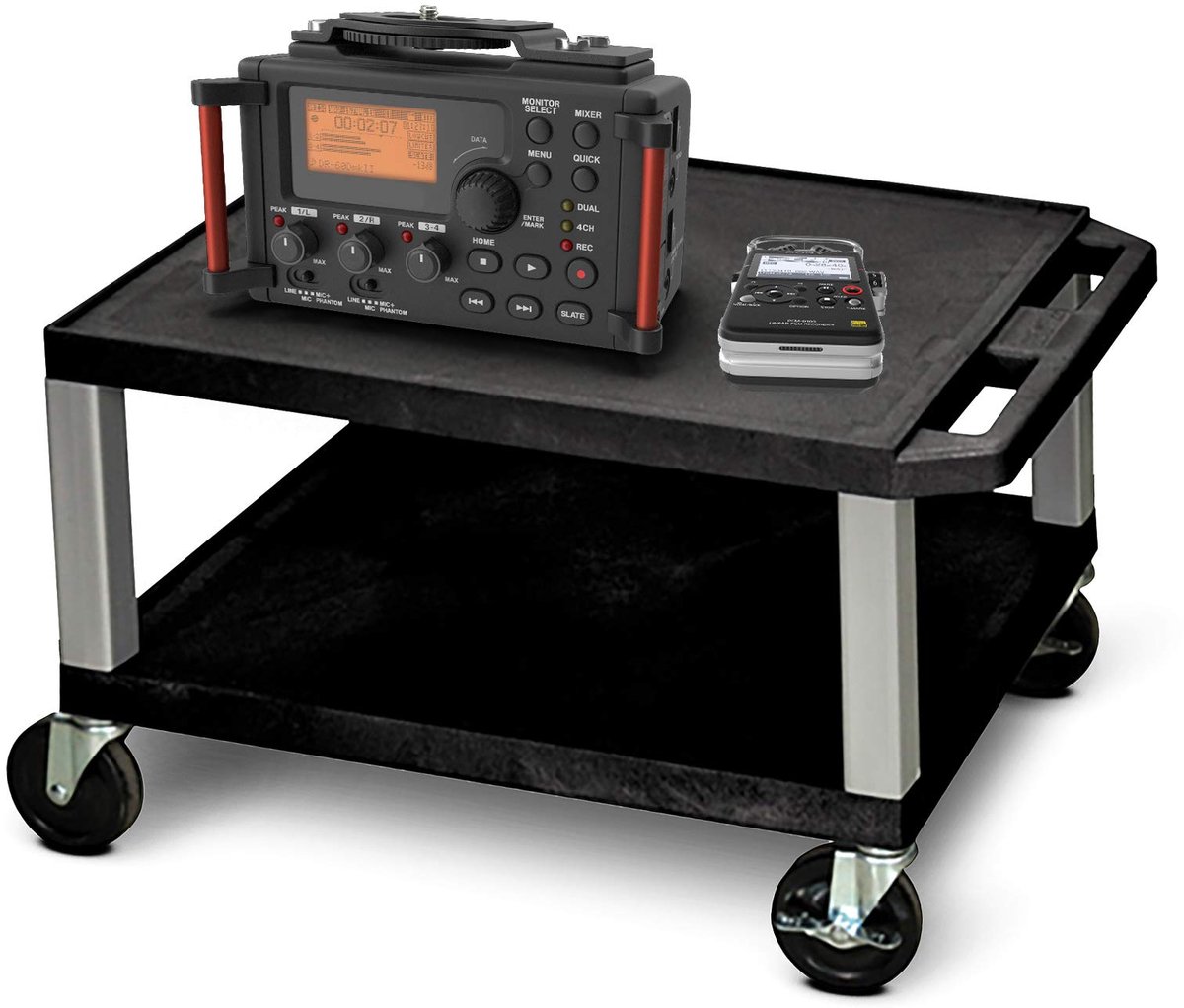 SnelShoppen - Multifunctionele audio- en videotrolley met 2 planken, 40,6 cm hoog, zwart met spatelpoten, ideaal voor feest, thuisgebruik, en evenemen