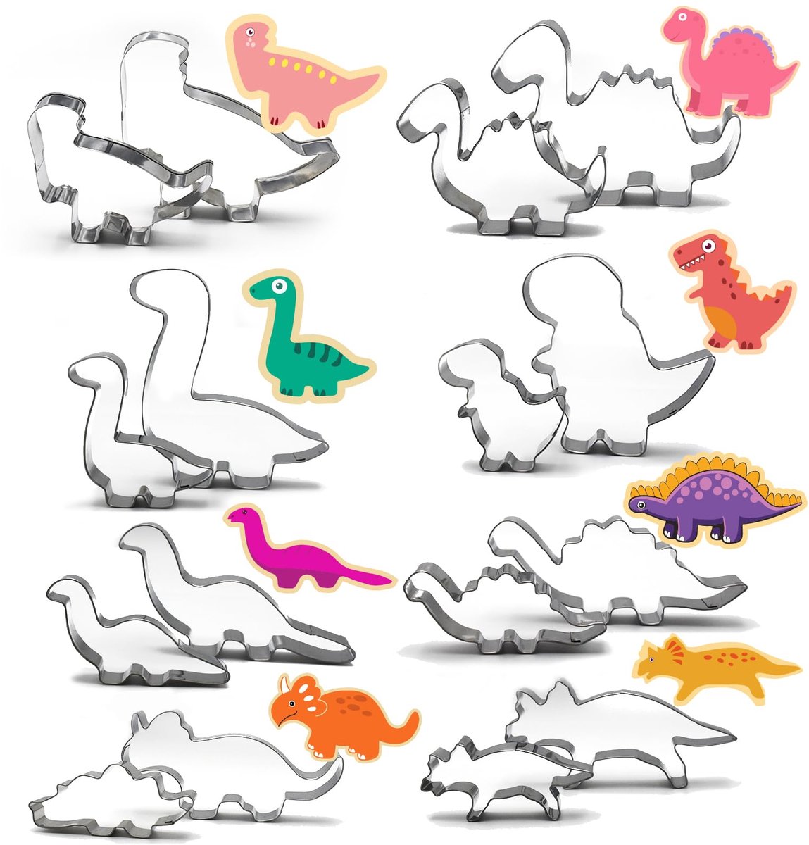 Dinosaurus-uitsteekvormen, 2 maten, roestvrij staal, koekjessnijders met 8 vormen, uitsteekvormen voor kinderen, doe-het-zelf, koekjessnijders voor kinderen, verjaardag, feest