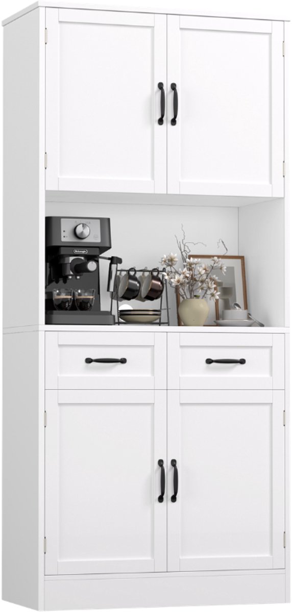 Keukenkast – Voor keukenopslag en buffet – 4 deuren, 2 laden met werkblad – 180 cm hoog, multifunctioneel