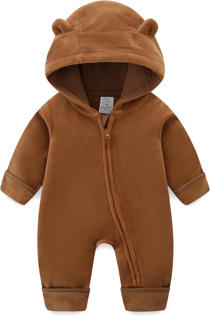 SnelShoppen - Babyrompertje met capuchon voor herfst en winter, jongens en meisjes, met ritssluiting, 0-18 maanden, schattig en warm, ideaal voor buit