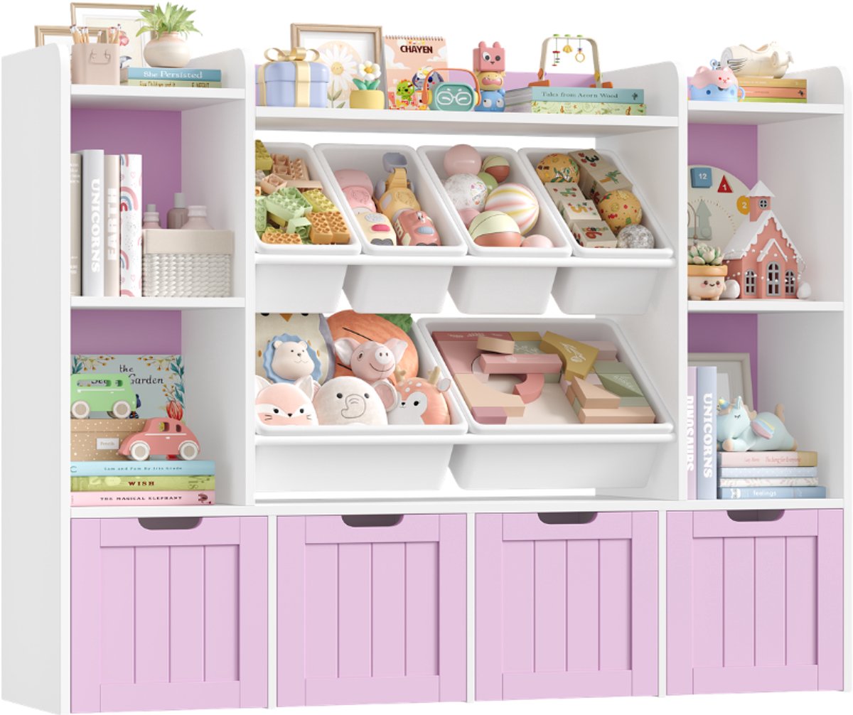 Kinderboekenkast – Voor Kinderkamer of Speelruimte – 7 Compartimenten met 6 Verwijderbare Opbergboxen & 4 Ladewielen – Wit 140x30x106 cm
