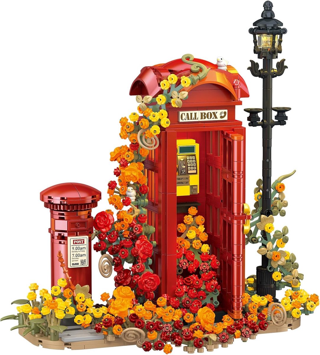 SnelShoppen - MEIEST Rode Londen Telefoonbox Bouwstenen Set voor Volwassenen, Creatieve Bloemen Telefooncel met Brievenbus en Straatverlichting, Retro