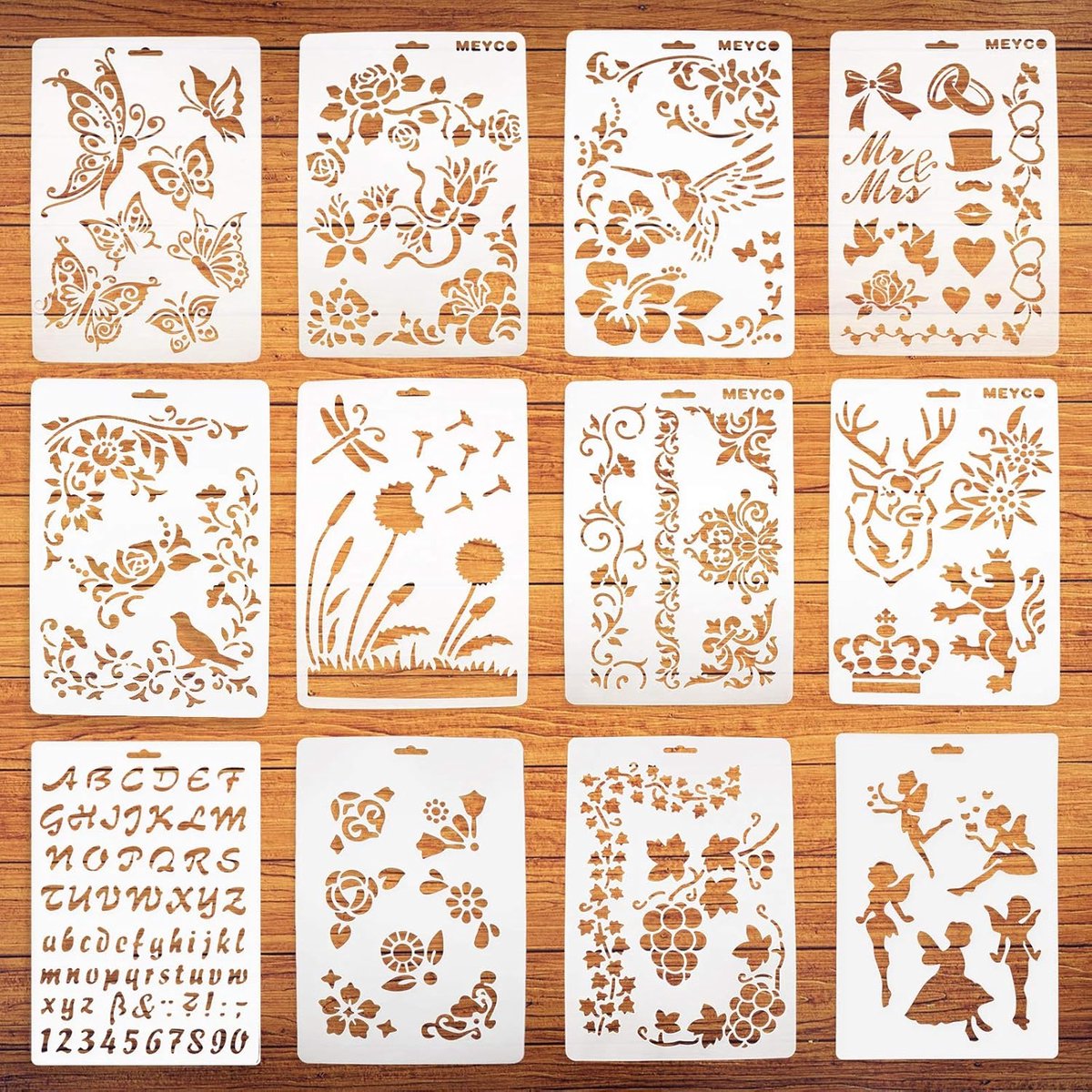SnelShoppen - 12 Stencils voor Tekenen, Schilderen en Decoratie op Hout en Muren, Herbruikbare Sjablonen voor Creatieve Projecten, 16x24.6 cm, Perfect