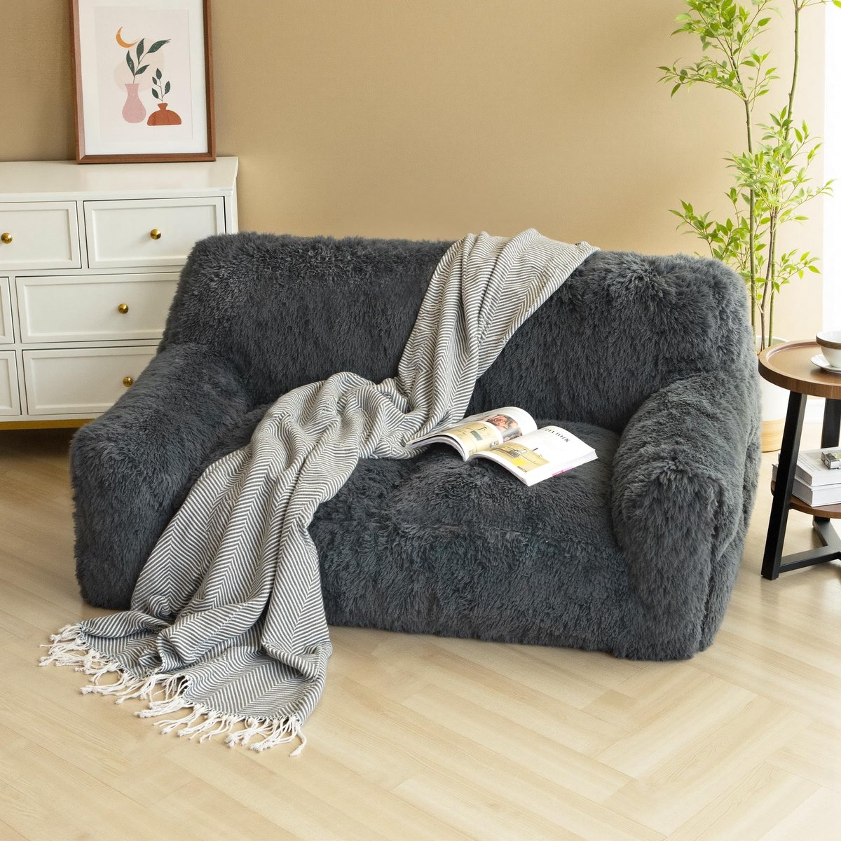 SnelShoppen - Grote pluizige zitzak met vulling, 2-zitsbank voor volwassenen, moderne ergonomische zitzak, luie bank voor huisdieren en volwassenen, w