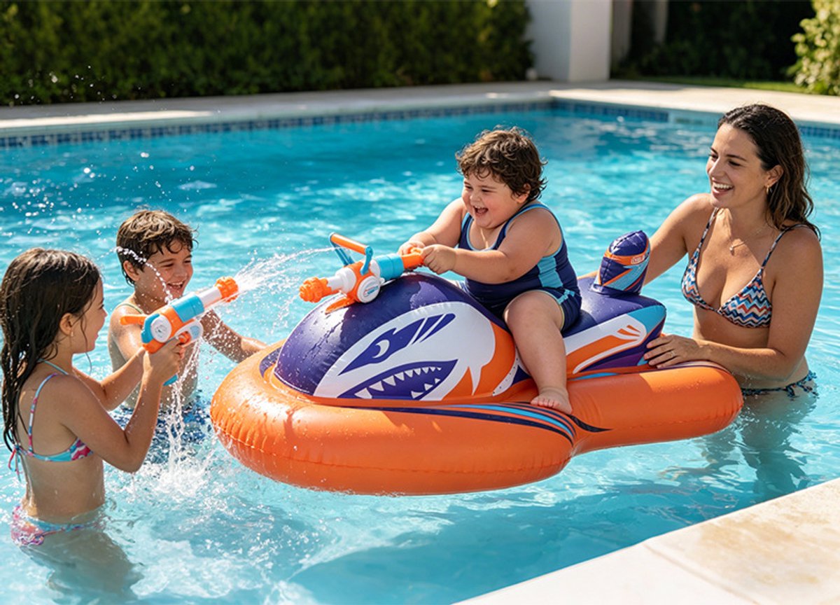 Opblaasbare jetski-zwemband voor kinderen met ingebouwd waterpistool – opblaasbaar waterspeelgoed om op te zitten voor zwembad, strand of meer – ideaal voor zomerse waterfeestjes – geschikt voor jongens en meisjes van 3 tot 10 jaar. – foto 8