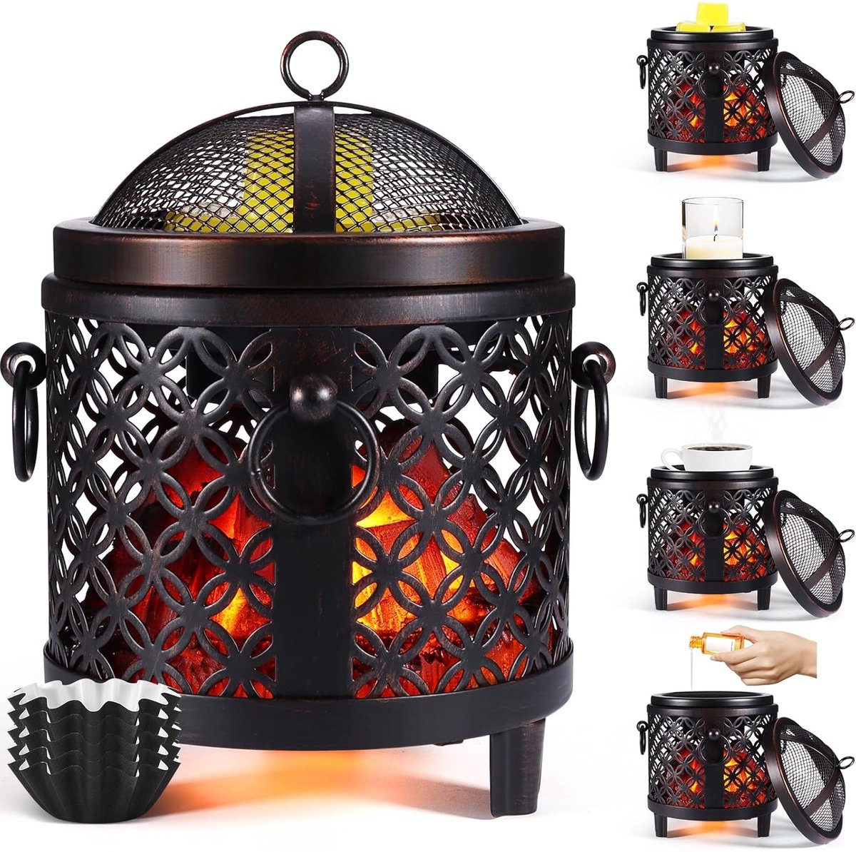 Smelt Branders Elektrisch, 4-in-1 Elektrische Vlam Open Haard Wax Olie Brander Elektrische Wax Smeltwarmer Kaars Wax Warmer Brander Smelter Geurwarmer voor Geurende Wax Kubussen /Wax Taarten/Geur